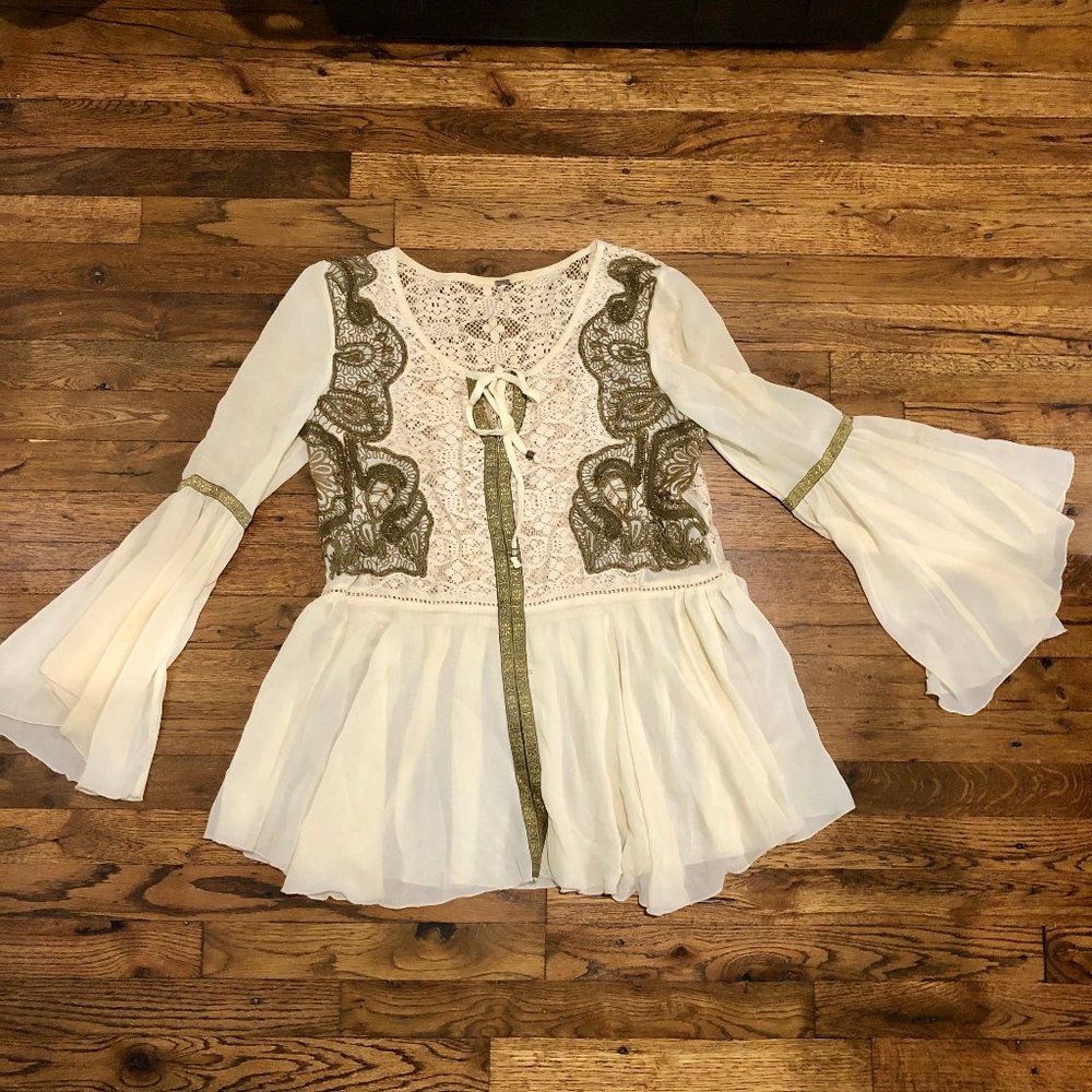 Free People Bell Sleeve Blouse with Gold Beading